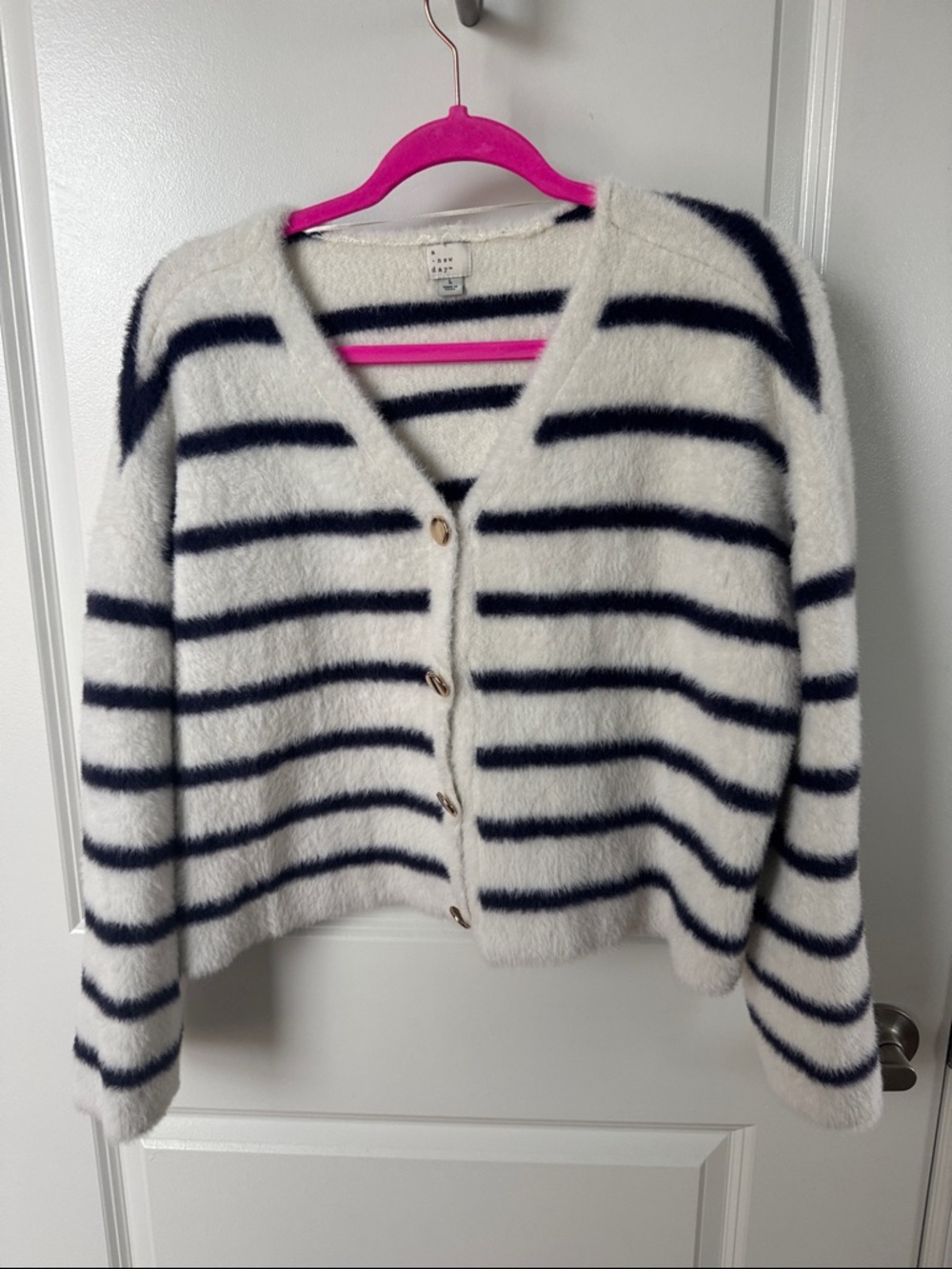 Fuzzy Striped V-Neck Cardigan Sweater - White & Navy